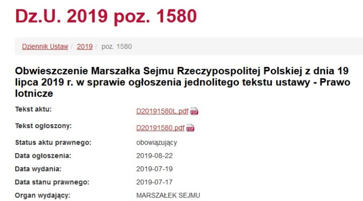 Obwieszczenie Marszałka Sejmu RP w sprawie ogłoszenia jednolitego tekstu ustawy - Prawo lotnicze