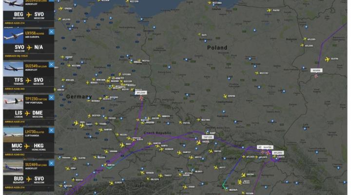 Polska przestrzeń powietrzna 16 grudnia, źródło: Flightradar24