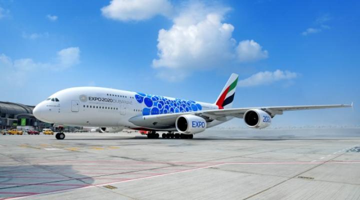 Airbus A380 należący do Emirates pomalowany zgodnie z motywami przewodnimi Expo (fot. Emirates)