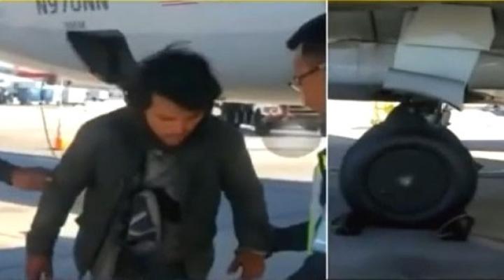 Gwatemalski pasażer na gapę, który był ukryty w przedziale podwozia samolotu American Airlines (fot. kadr z filmu na youtube.com