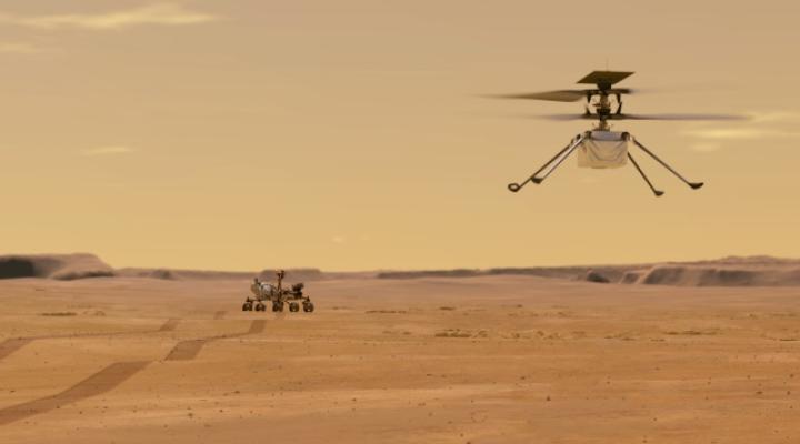 Helikopter Ingenuity ponad Perseverance na Marsie (fot. NASA/JPL-Caltech)