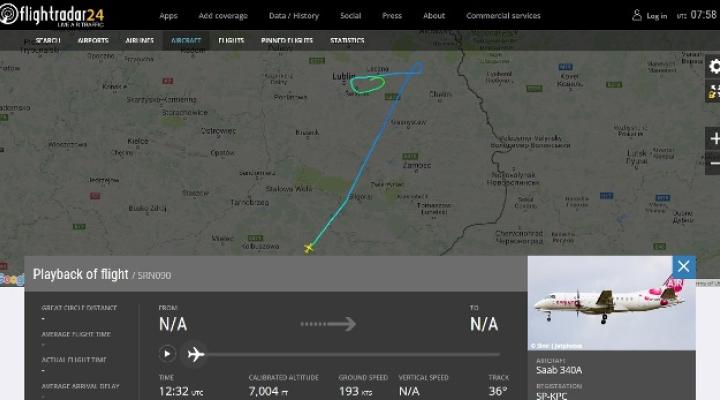 Awaryjne lądowanie samolotu Saab 340A (znaki rejestracyjne SP-KPC) linii Sprint Air w Lublinie (fot. flightradar24.com)