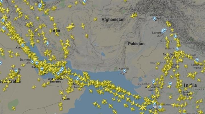 Przestrzeń powietrzna nad Pakistanem (fot. Flightradar24)
