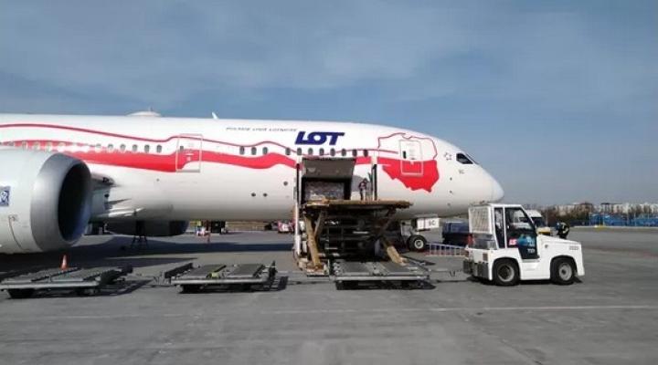 Rozładunek samolotu B787 ze sprzętem medycznym na Lotnisku Chopina (fot. kghm.com)