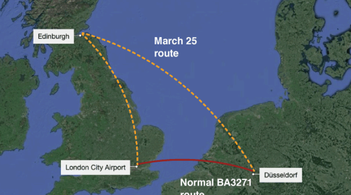 Trasa lotu BA3271 z 25 marca, fot. bbc