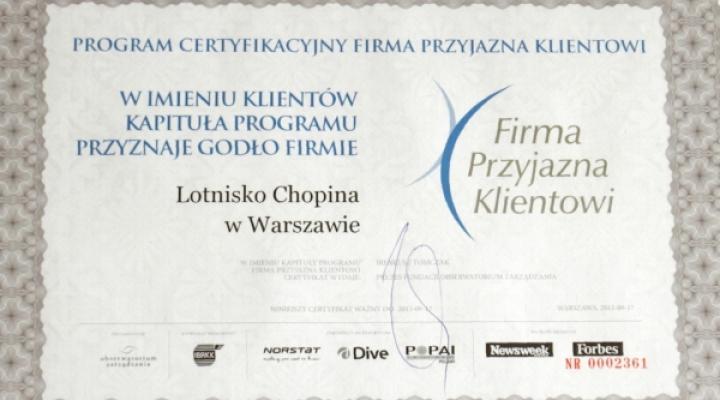 Lotnisko Chopina - Firma Przyjazna Klientowi - certyfikat 