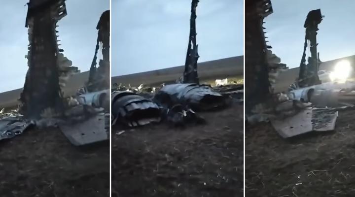 Zestrzelony rosyjski samolot - trzy ujęcia wraku z tyłu (fot. Sztab Generalny Sił Zbrojnych Ukrainy)
