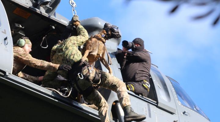 Przewodnicy ze swoimi psami ćwiczyli przy wykorzystaniu policyjnego śmigłowca S-70i Black Hawk (fot. mł. insp. Anna Kędzierzawska)