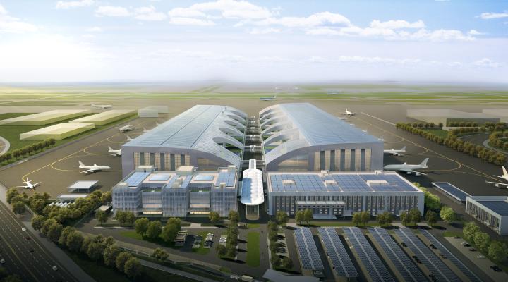 Jednoprzęsłowy hangar do obsługi samolotów na międzynarodowym lotnisku Xiamen Xiang'an (XMN) w Chinach - wizualizacja (fot. HAECO)