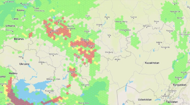 Mapa zagłuszania sygnału GPS w Rosji, fot. themoscowtimes