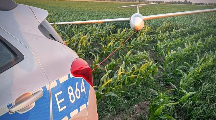 Policjanci pomogli wyciągnąć szybowiec, który wylądował na polu kukurydzy w miejscowości Konradowo (fot. KPP Wschowa)
