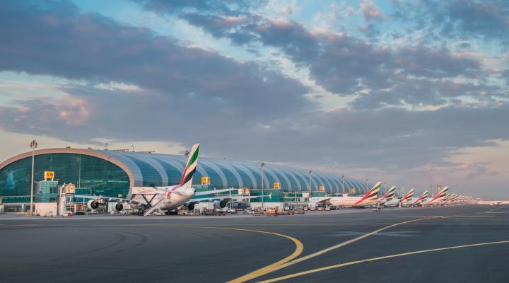 Flota samolotów Emirates na płycie lotniska przy terminalu (fot. Emirates)