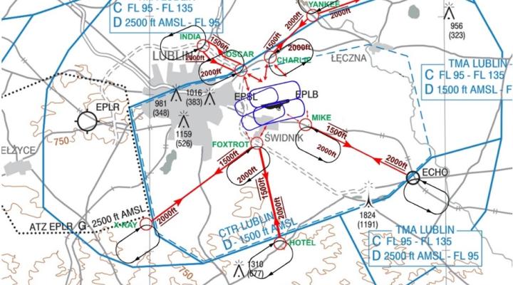 Mapa proponowanych tras opartych na nowych punktach VFR dla lotniska Lublin