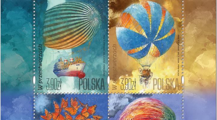 Cztery znaczki przedstawiające w akwareli Andrzeja Gosika surrealistyczne balony (fot. Poczta Polska)