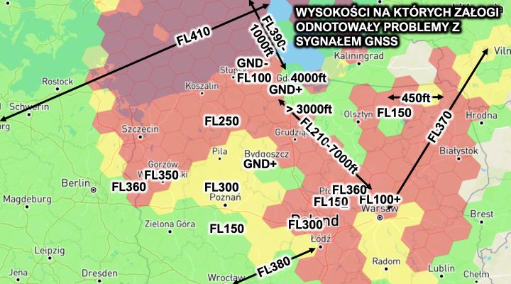 GPSJAM mapa wysokości na których występowały problemy z sygnałem GNSS