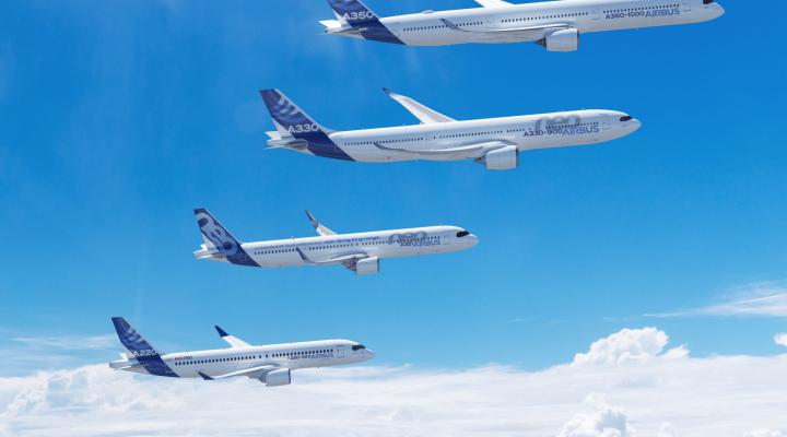 Flota Airbusa A350-1000, A330-900, A321, A220-300 w locie (fot. Airbus)