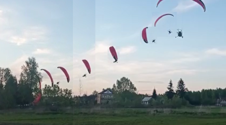 Kolejne pozycje motoparalotni Niviuk R-BUS 40 wprowadzonej w zakręt, aż do chwili zderzenia z ziemią (fot. kadr z materiału video pozyskanego od świadka)