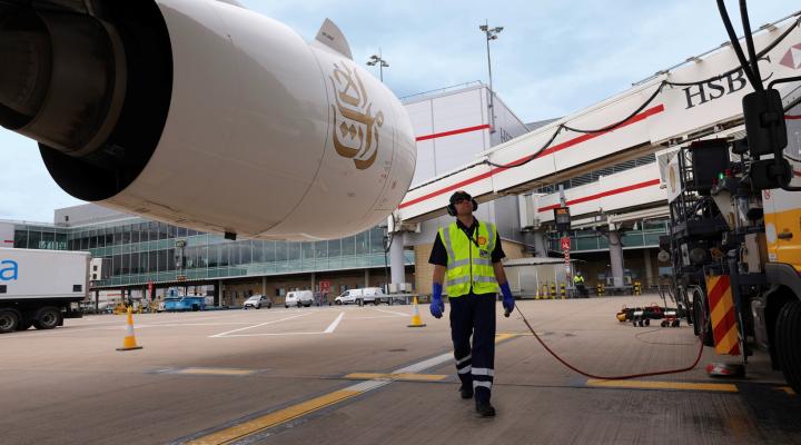 Tankowanie samolotu A380 linii Emirates (fot. Emirates)