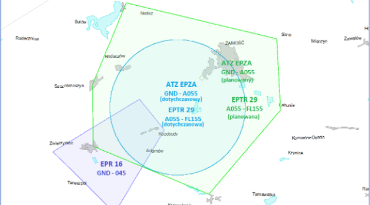 Mapa obrazująca dotychczasowe (niebieski) oraz proponowane (zielony) granice ATZ EPZA oraz strefy EPTR 29. Źródło: PAŻP