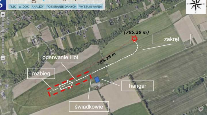 Szkic sytuacyjny miejsca zdarzenia z udziałem samolotu ultralekkiego J-1 'Prząśniczka' (fot. PKBWL)