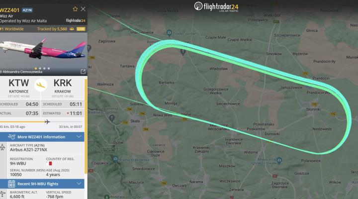Holding A321 Wizz Air nad Krakowem, źródło flightradar24
