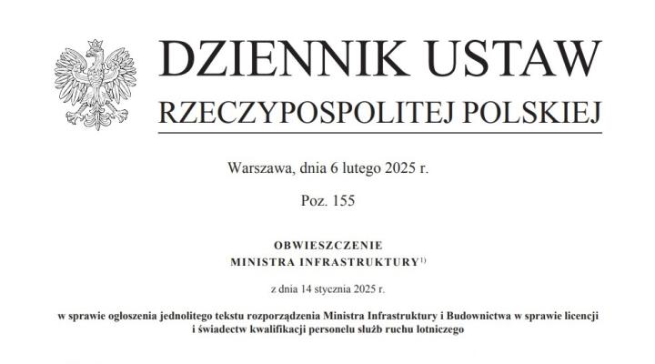 Obwieszczenie MI w sprawie licencji i świadectw kwalifikacji personelu służb ruchu lotniczego (fot. dziennikustaw.gov.pl)