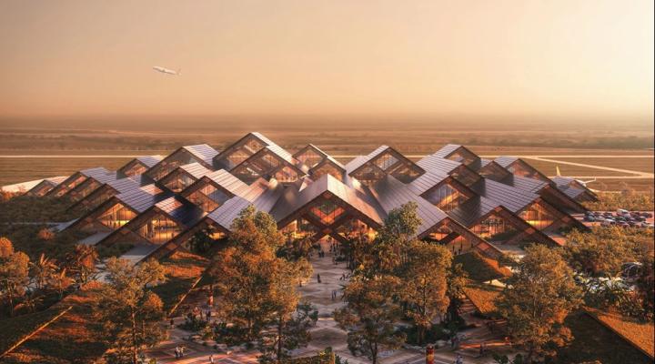 Projekt terminala nowego lotniska Bhutanu (fot. BIG-Bjarke Ingels Group)