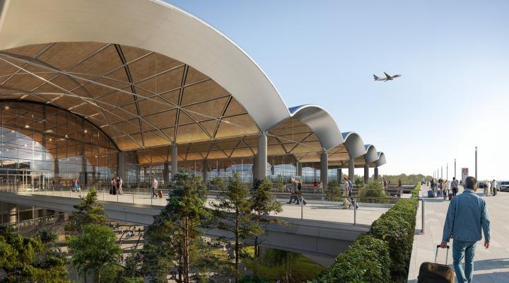 Centralny Port Komunikacyjny - terminal i samolot startujący (fot. Centralny Port Komunikacyjny)