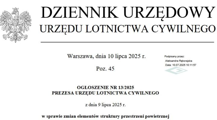 Ogłoszenie Prezesa ULC w sprawie zmian elementów struktury przestrzeni powietrznej_07_2025