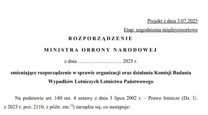 Projekt rozporządzenia MON w sprawie organizacji oraz działania Komisji Badania Wypadków Lotniczych Lotnictwa Państwowego (fot. legislacja.gov.pl)