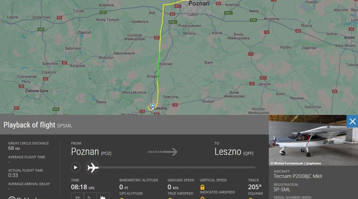Trasa samolotu Tecnam P2008JC MkII (SP-SML) (fot. flightradar24.com) Trasa samolotu Tecnam P2008JC MkII (SP-SML) (fot. flightradar24.com)