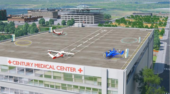 Koncepcja artystyczna zaawansowanych samolotów mobilności powietrznej przygotowanych do transportu medycznego (fot. NASA, Lillian Gipson)