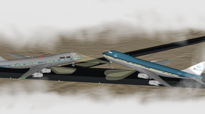 Fragment rekonstrukcji zderzenia Boeingów 747 linii KLM oraz Pan American World Airways (fot. Anynobody, CC BY-SA 4.0, via Wikimedia Commons)