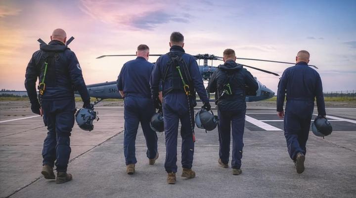 Policyjni lotnicy na lądowisku w drodze do śmigłowca S-70i Black Hawk (fot. Jacek Herok)