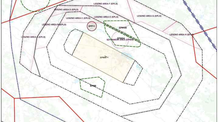 Rysunek nr 1. Zobrazowanie LESZNO AREA wraz z sąsiadującymi strukturami przestrzeni powietrznej.