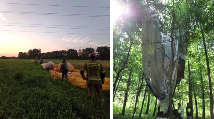Balon SP-BGK pod linią wysokiego napięcia (fot. KM PSP Grudziądz), Balon SP-BOC odnaleziony w lesie (fot. PKBWL)