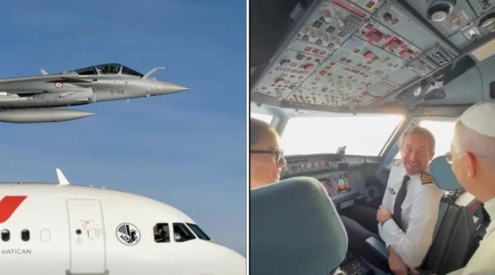 Samolot z Papieżem eskortowany przez myśliwce Rafale, fot. Aerotime