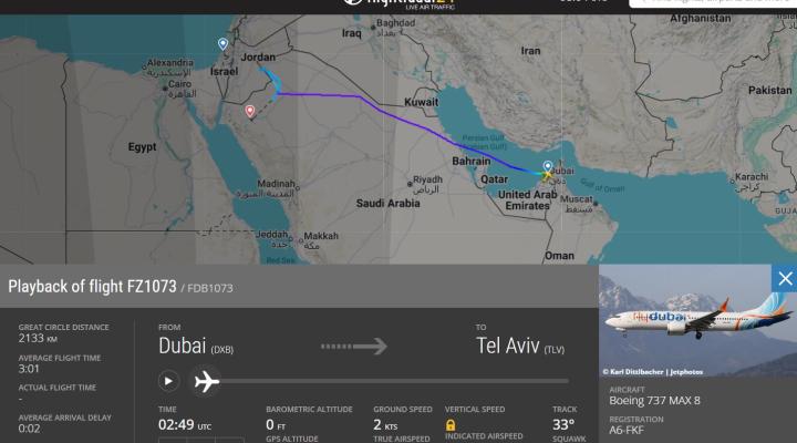 Trasa B737 MAX 8 linii Flydubai (A6-FKF) w dniu 30.09.2026 (fot. flightradar24)