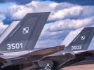 F-35A 'Husarz' - dwa ogony samolotów z trudno wykrywalnymi szarymi szachownicami (fot. st. sierż. Rafał Samluk)