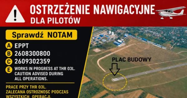 Prace przy układaniu warstw nawierzchni asfaltowej na DK C na EPPT - ostrzeżenie nawigacyjne dla pilotów